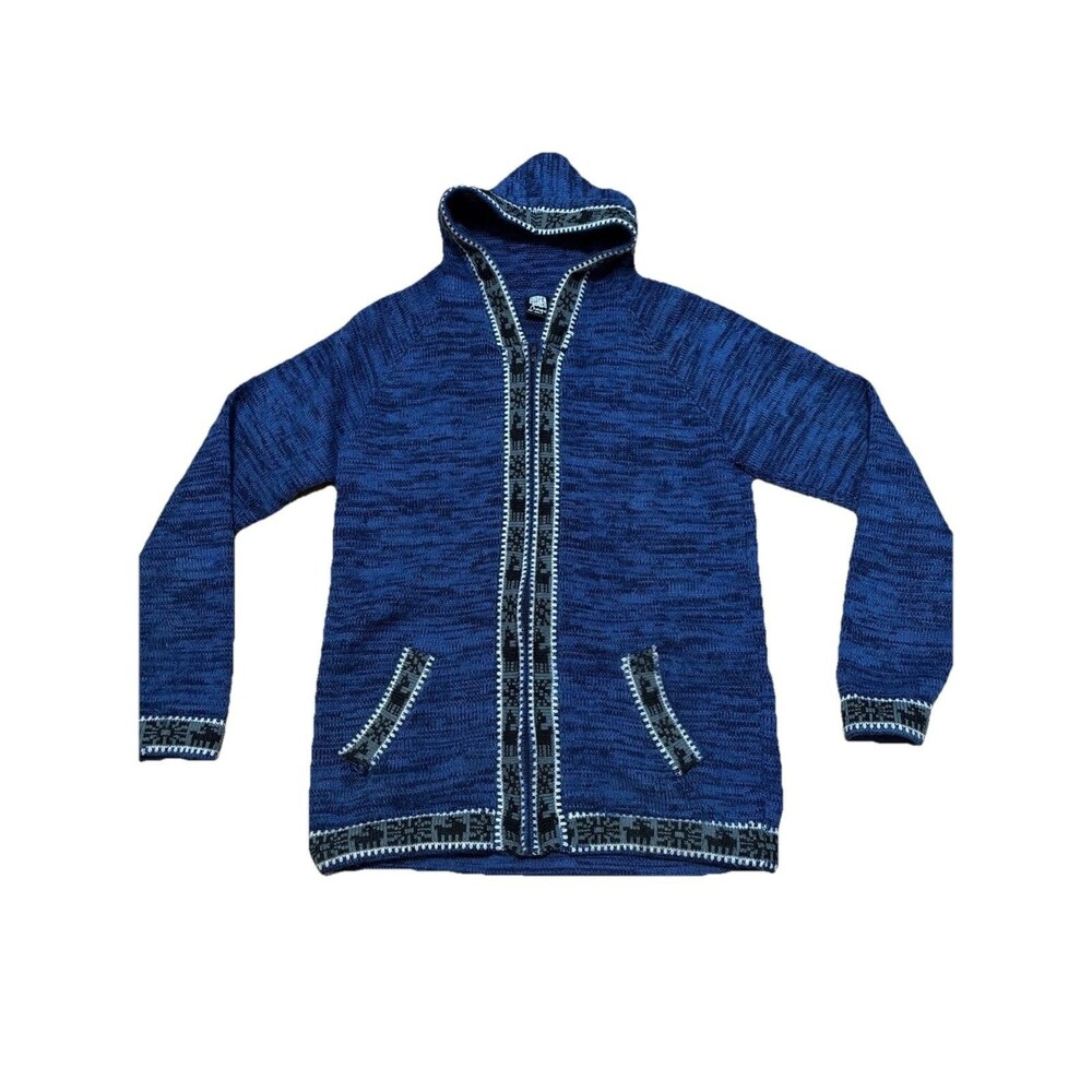 CHASQUI 100% Alpaca Wool Knit Sweater Full Zip Hoodie Blue Pockets Medium